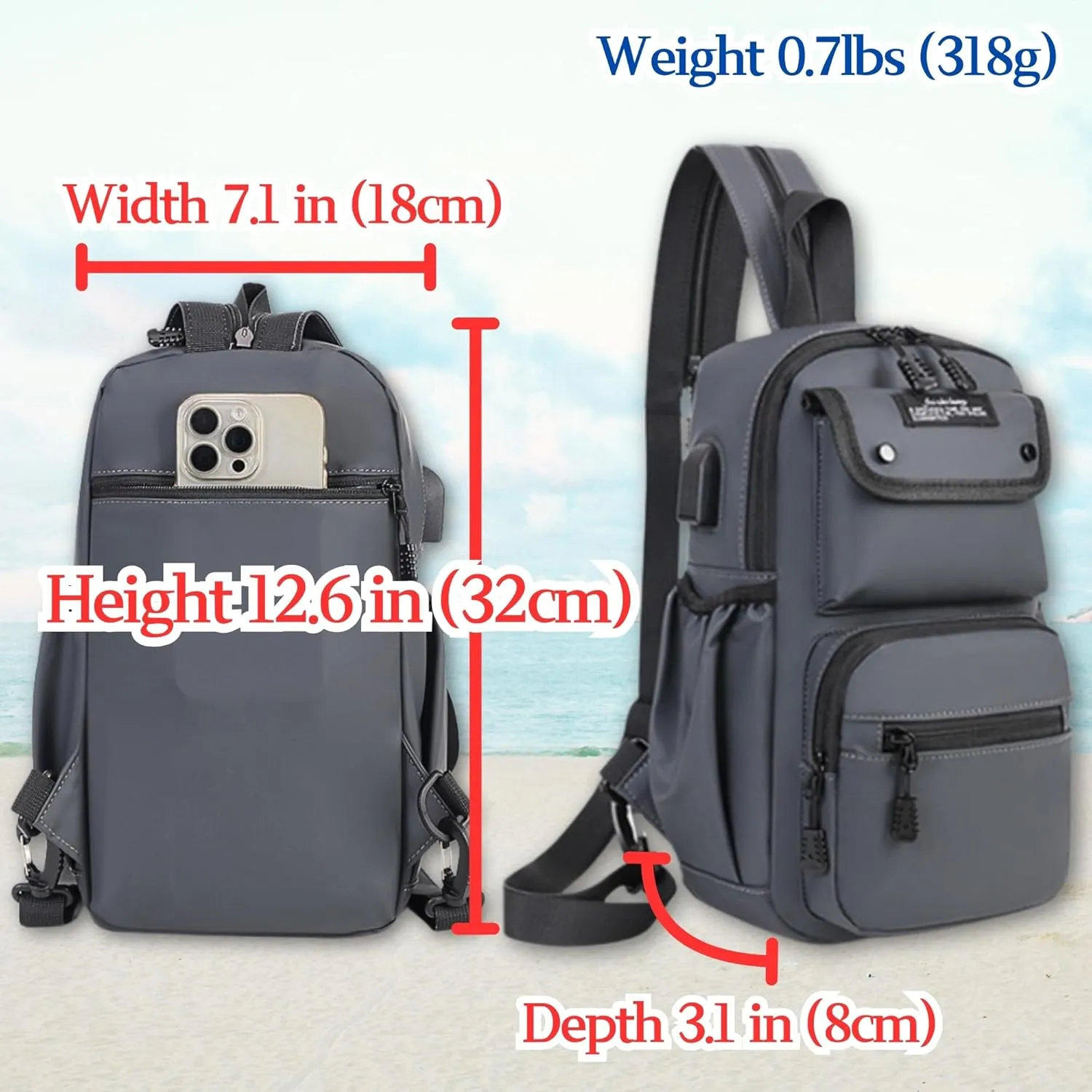 Convertible Anti-Theft USB Charging Port Travel Sling Backpack with Bottle Holder Key Ring Strap, Water Repellent Travel Hidden Zipper Crossbody Chest Bags, Hiking Daypack Shoulder Bags (Gray)