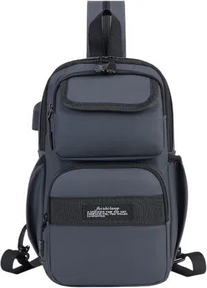 Convertible Anti-Theft USB Charging Port Travel Sling Backpack with Bottle Holder Key Ring Strap, Water Repellent Travel Hidden Zipper Crossbody Chest Bags, Hiking Daypack Shoulder Bags (Gray)
