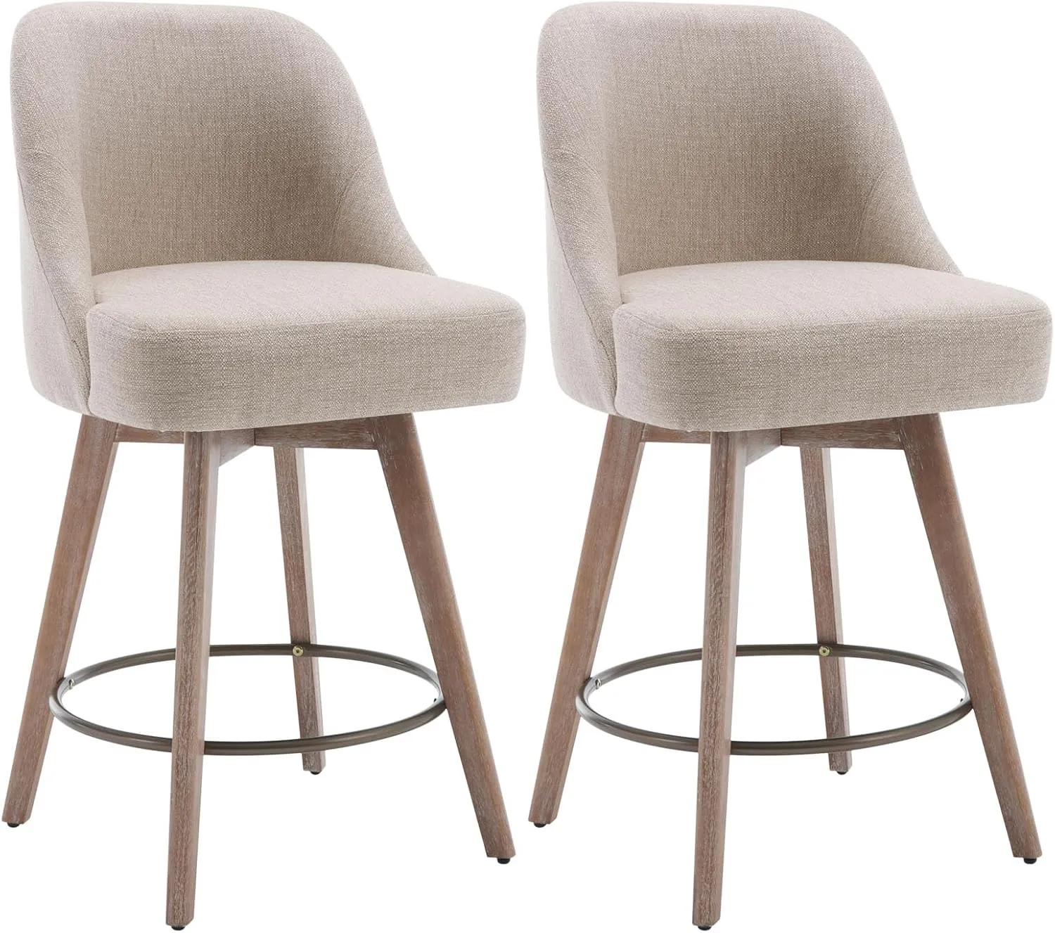 Counter Height Bar Stools Set of 2, Modern Mid-Century Swivel Barstools with Backs and Wood Legs, Linen Fabric Upholstered Bar Chairs, 26" Seat Height Counter Stools for Kitchen Island, Sand
