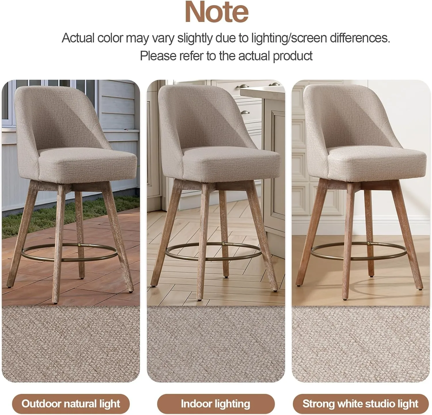 Counter Height Bar Stools Set of 2, Modern Mid-Century Swivel Barstools with Backs and Wood Legs, Linen Fabric Upholstered Bar Chairs, 26" Seat Height Counter Stools for Kitchen Island, Sand