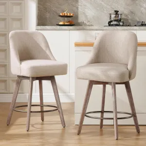 Counter Height Bar Stools Set of 2, Modern Mid-Century Swivel Barstools with Backs and Wood Legs, Linen Fabric Upholstered Bar Chairs, 26" Seat Height Counter Stools for Kitchen Island, Sand