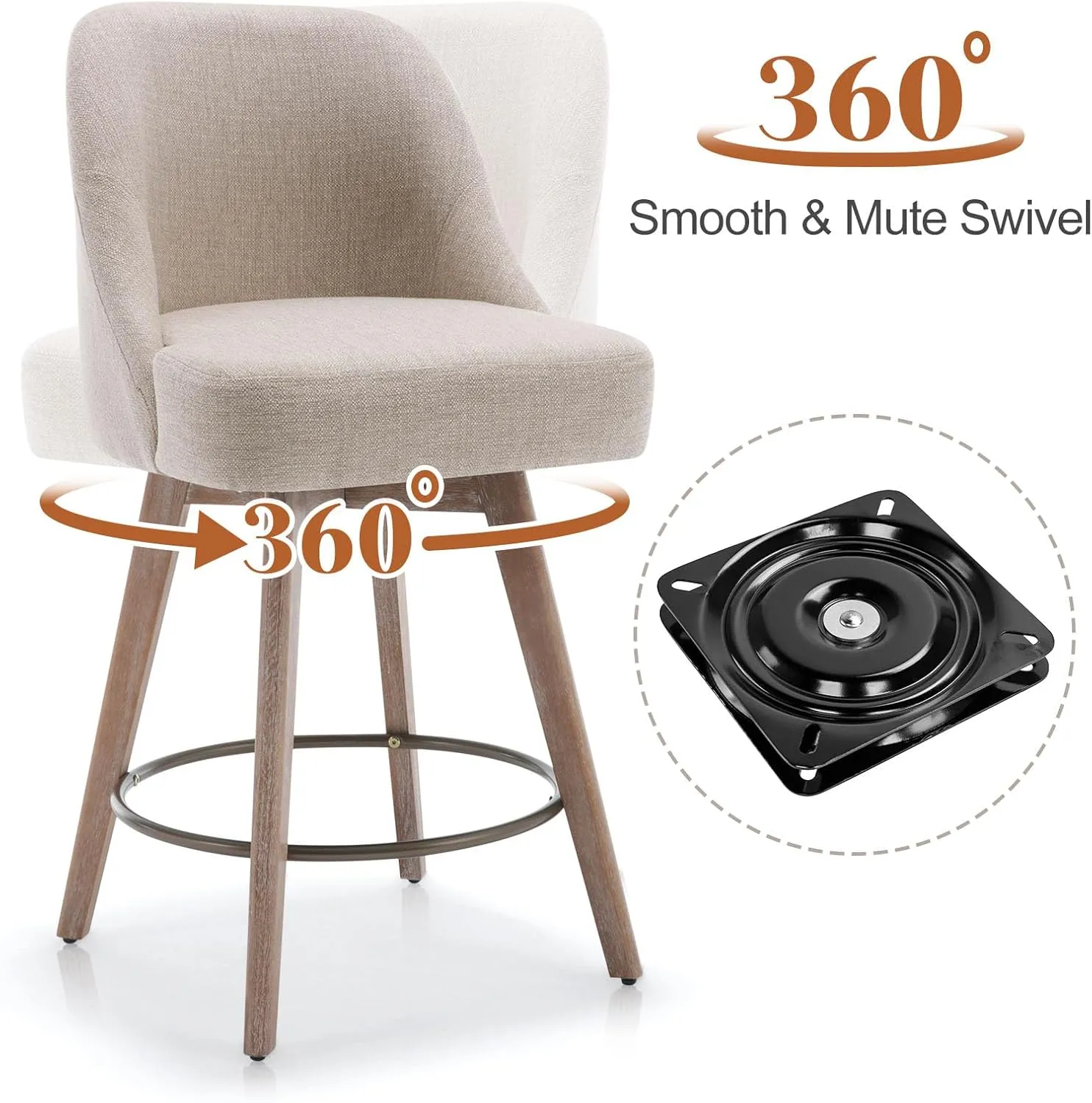 Counter Height Bar Stools Set of 2, Modern Mid-Century Swivel Barstools with Backs and Wood Legs, Linen Fabric Upholstered Bar Chairs, 26" Seat Height Counter Stools for Kitchen Island, Sand