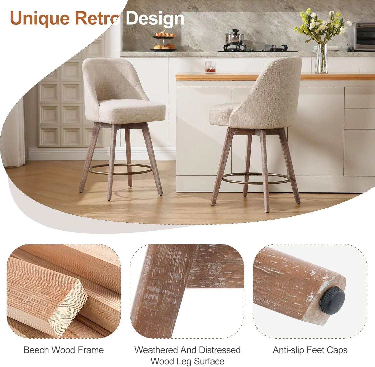 Counter Height Bar Stools Set of 2, Modern Mid-Century Swivel Barstools with Backs and Wood Legs, Linen Fabric Upholstered Bar Chairs, 26" Seat Height Counter Stools for Kitchen Island, Sand