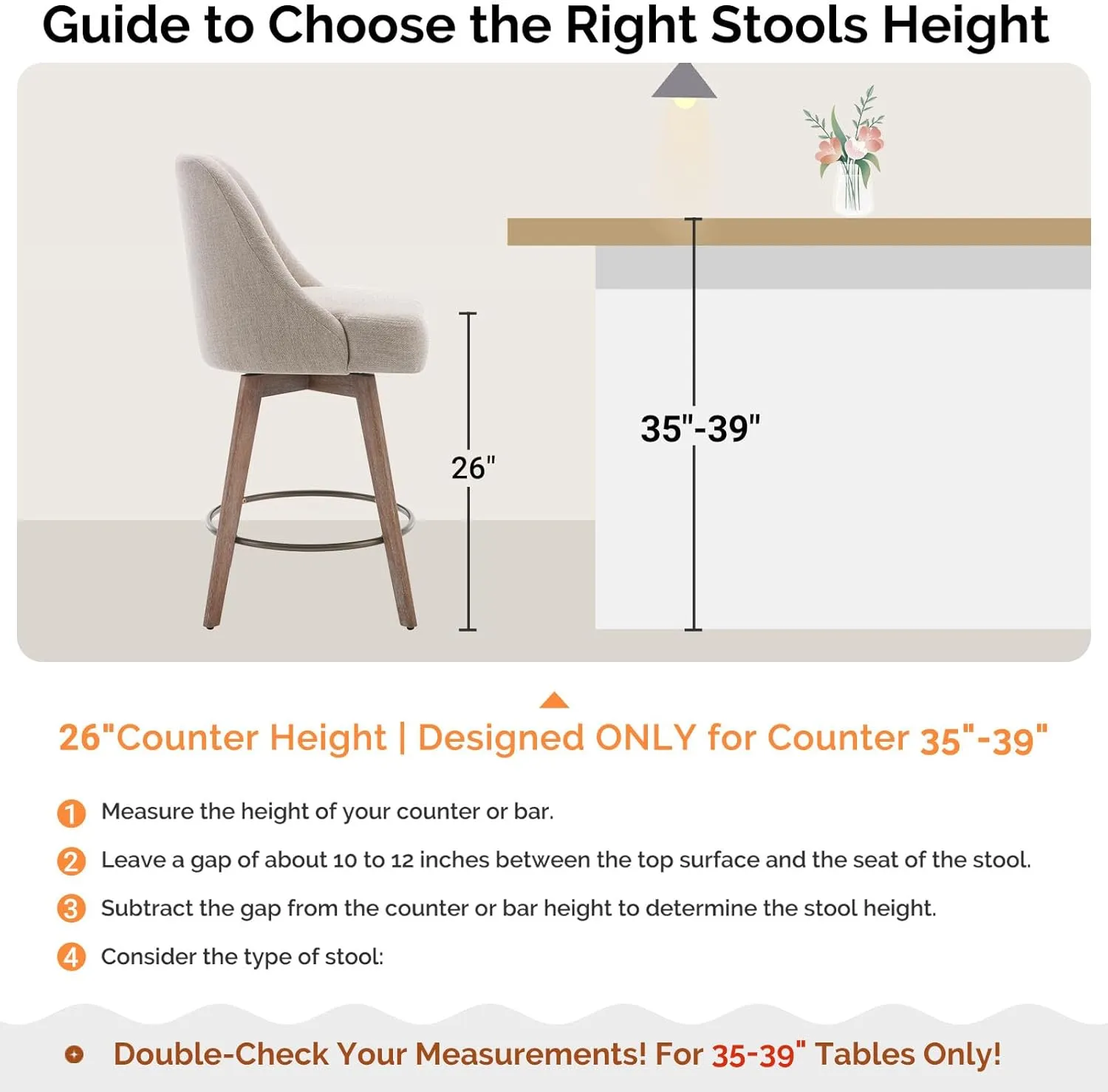 Counter Height Bar Stools Set of 2, Modern Mid-Century Swivel Barstools with Backs and Wood Legs, Linen Fabric Upholstered Bar Chairs, 26" Seat Height Counter Stools for Kitchen Island, Sand