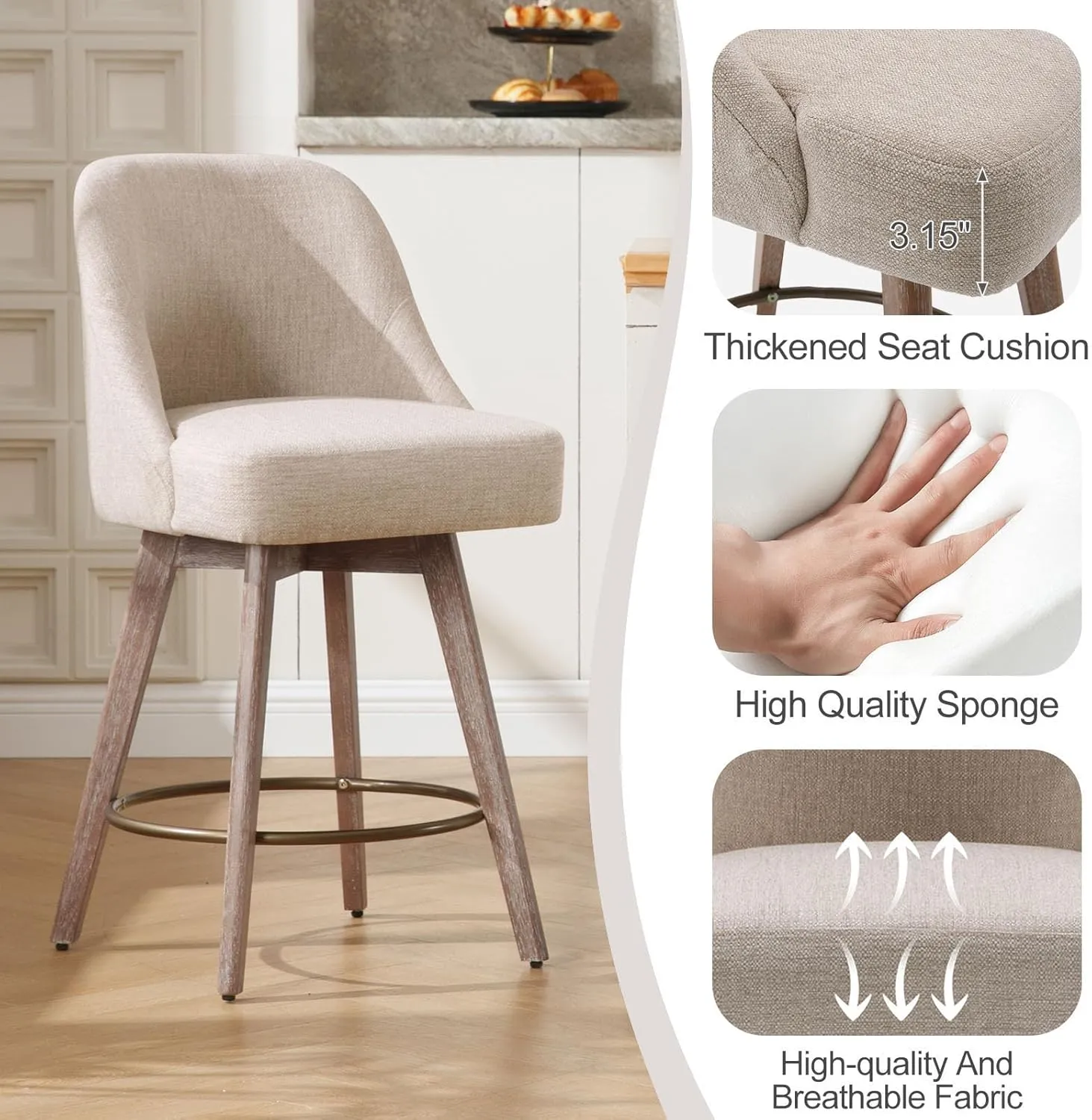 Counter Height Bar Stools Set of 2, Modern Mid-Century Swivel Barstools with Backs and Wood Legs, Linen Fabric Upholstered Bar Chairs, 26" Seat Height Counter Stools for Kitchen Island, Sand