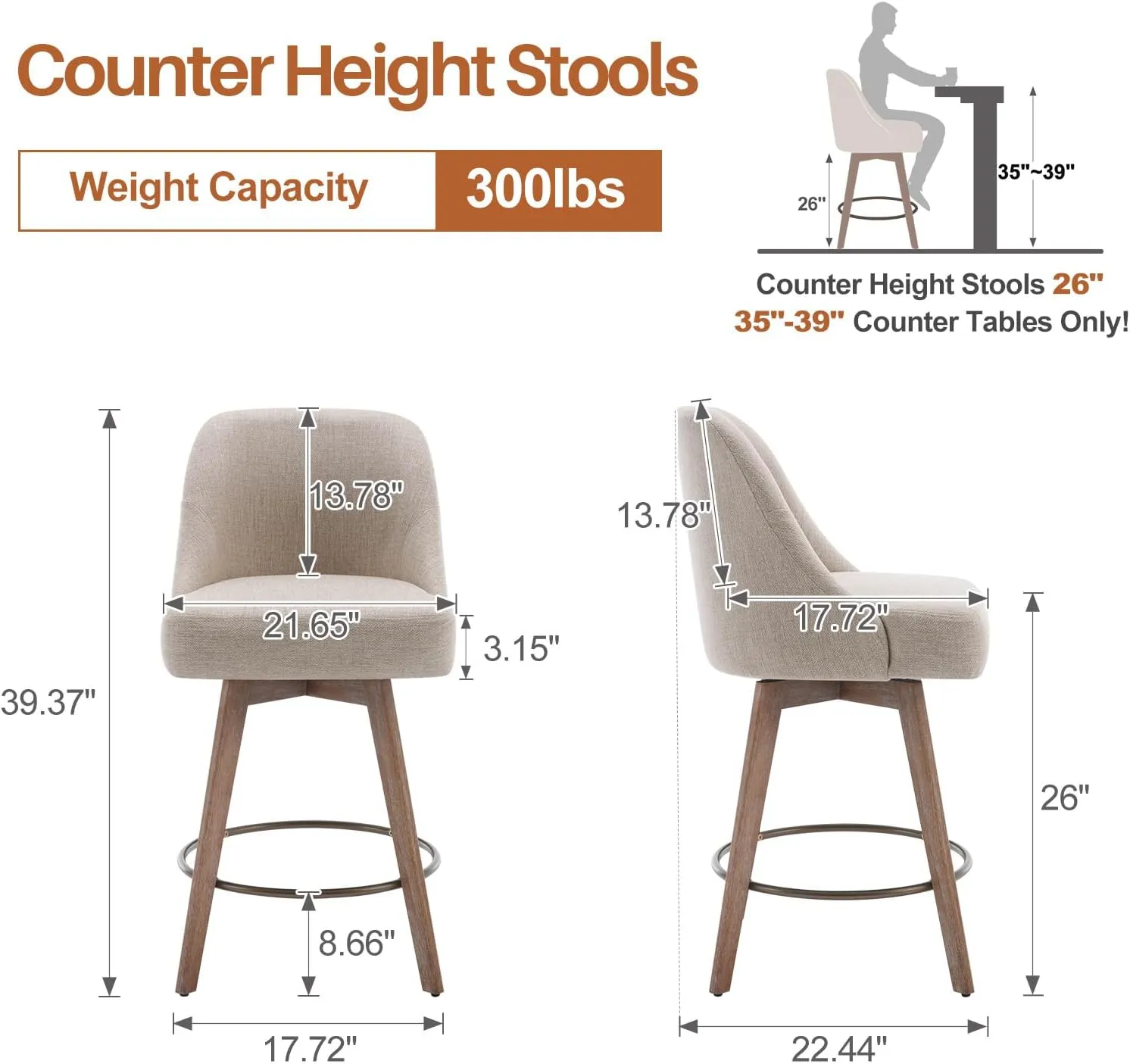 Counter Height Bar Stools Set of 2, Modern Mid-Century Swivel Barstools with Backs and Wood Legs, Linen Fabric Upholstered Bar Chairs, 26" Seat Height Counter Stools for Kitchen Island, Sand
