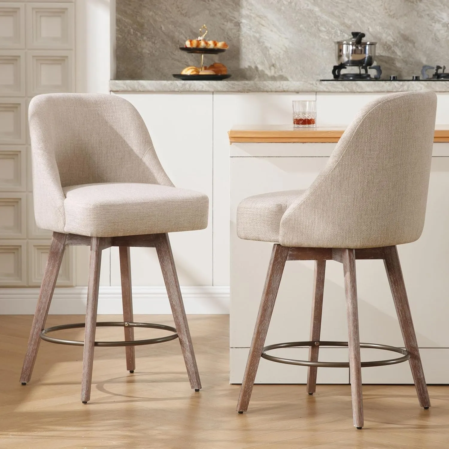 Counter Height Bar Stools Set of 2, Modern Mid-Century Swivel Barstools with Backs and Wood Legs, Linen Fabric Upholstered Bar Chairs, 26" Seat Height Counter Stools for Kitchen Island, Sand