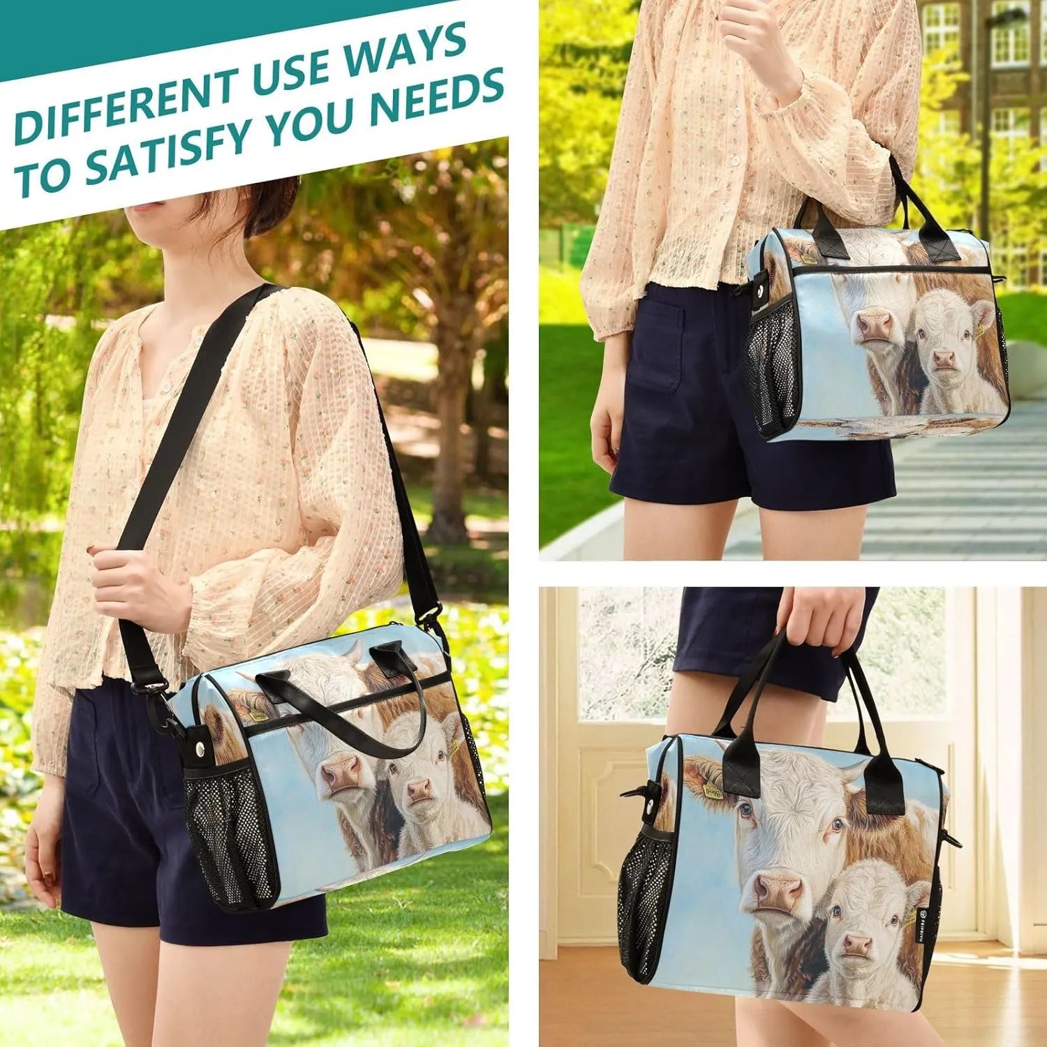 Cow Calf Blue Lunch Bag for Women Insulated Leakproof Cooler Bag with Adjustable Shoulder Strap for Office Picnic M