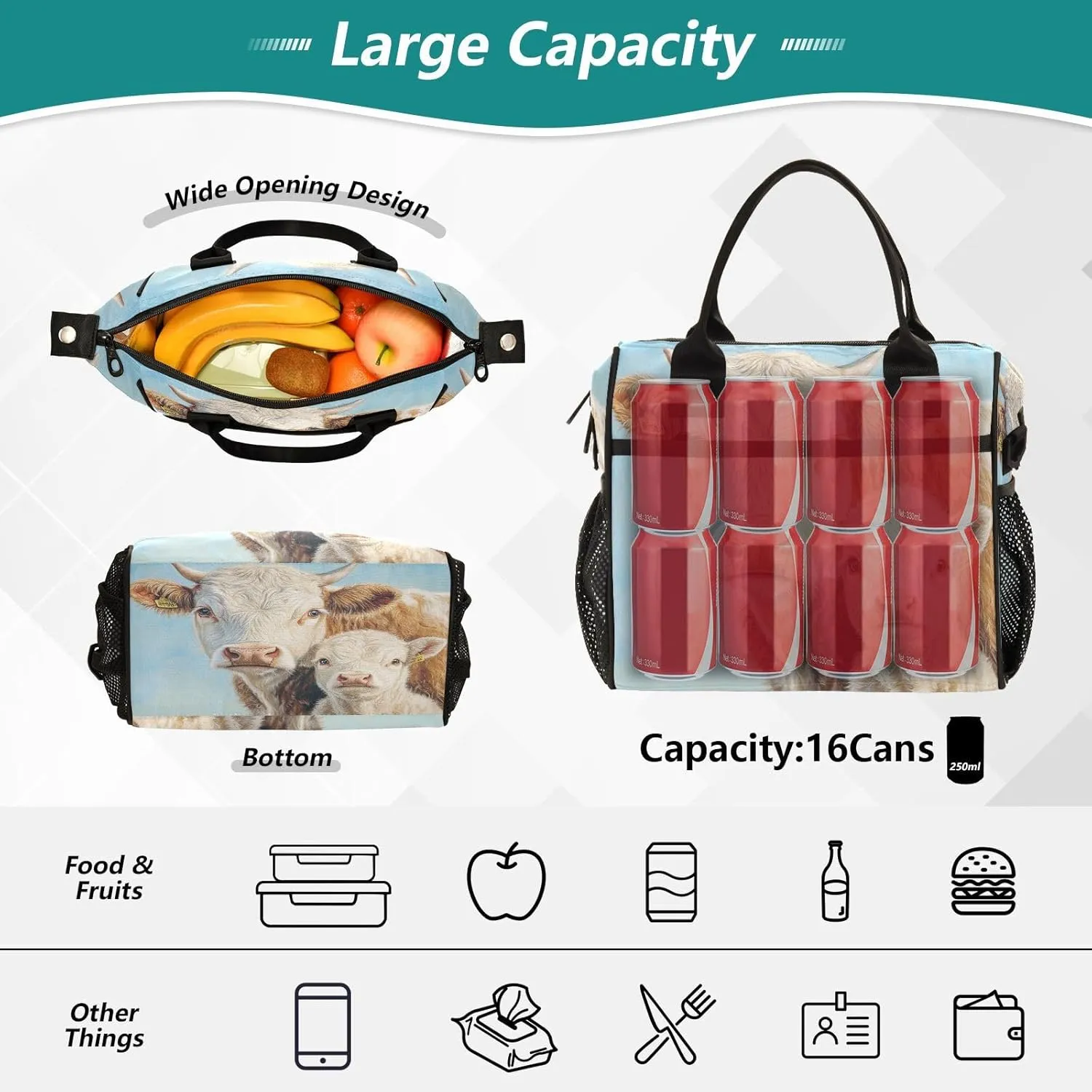 Cow Calf Blue Lunch Bag for Women Insulated Leakproof Cooler Bag with Adjustable Shoulder Strap for Office Picnic M