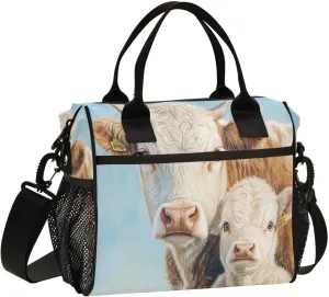 Cow Calf Blue Lunch Bag for Women Insulated Leakproof Cooler Bag with Adjustable Shoulder Strap for Office Picnic M