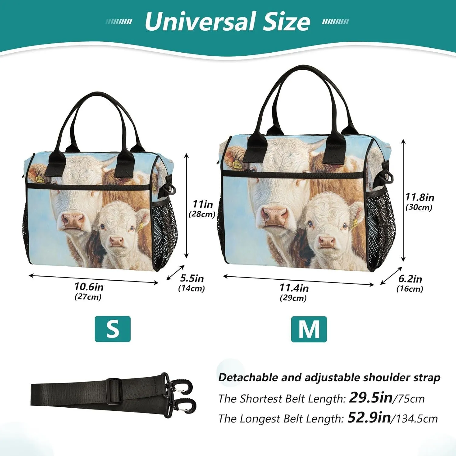 Cow Calf Blue Lunch Bag for Women Insulated Leakproof Cooler Bag with Adjustable Shoulder Strap for Office Picnic M