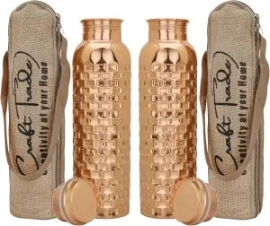 Craft Trade Set of 2 Diamond Pure Copper Bottle with Lid and Carry Bag for Drinking Water BPA Free Leak Proof Boosts Immunity & Liver Health, Ayurveda Inspired 34oz - 1 Litre Natural