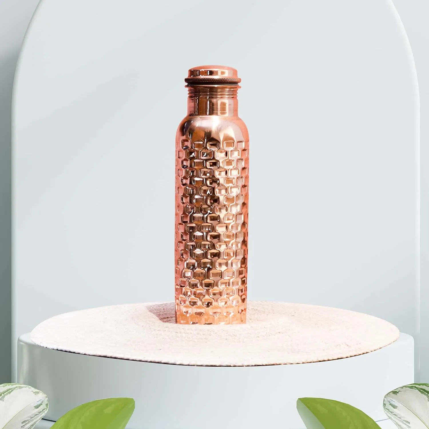 Craft Trade Set of 2 Diamond Pure Copper Bottle with Lid and Carry Bag for Drinking Water BPA Free Leak Proof Boosts Immunity & Liver Health, Ayurveda Inspired 34oz - 1 Litre Natural