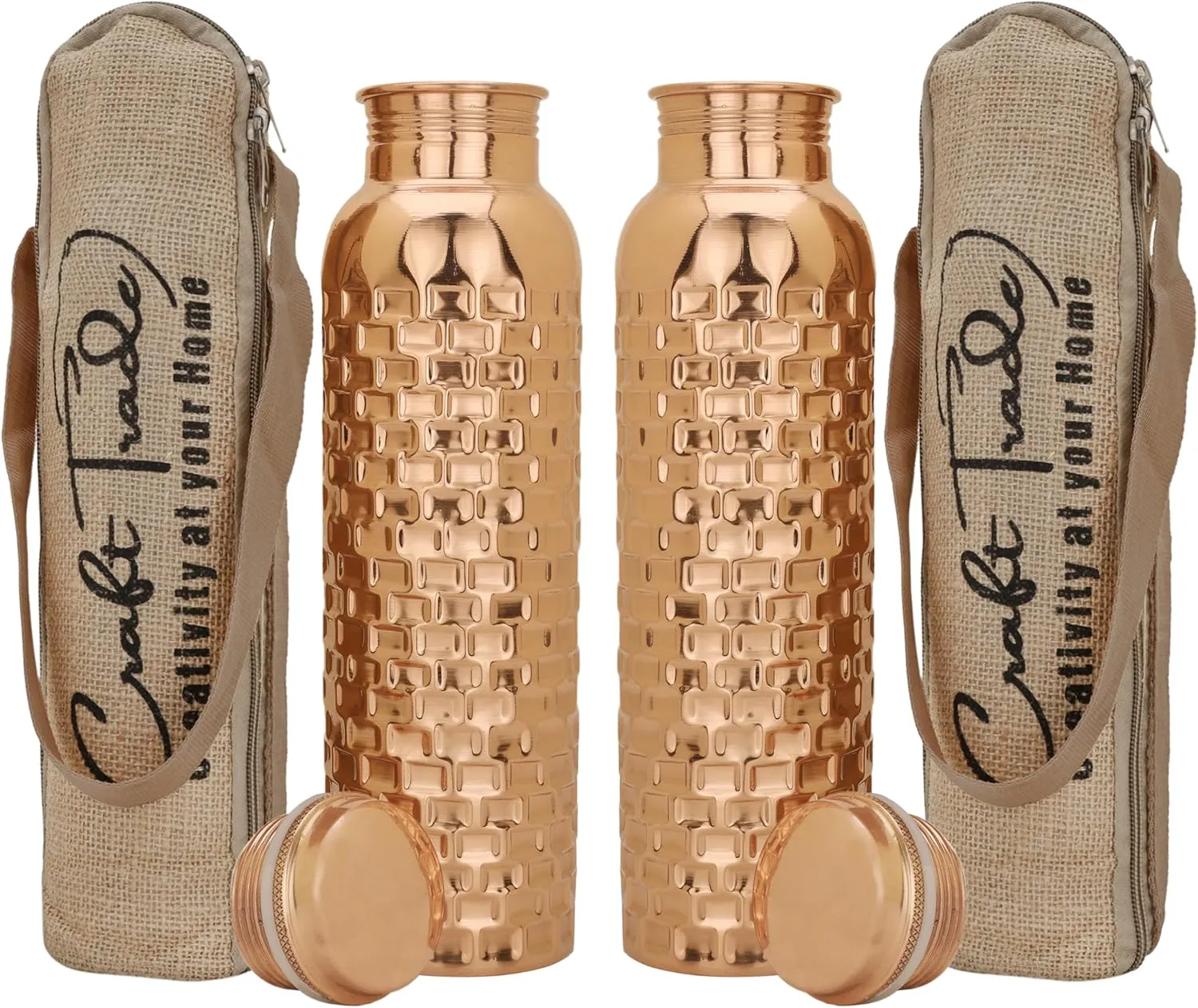 Craft Trade Set of 2 Diamond Pure Copper Bottle with Lid and Carry Bag for Drinking Water BPA Free Leak Proof Boosts Immunity & Liver Health, Ayurveda Inspired 34oz - 1 Litre Natural