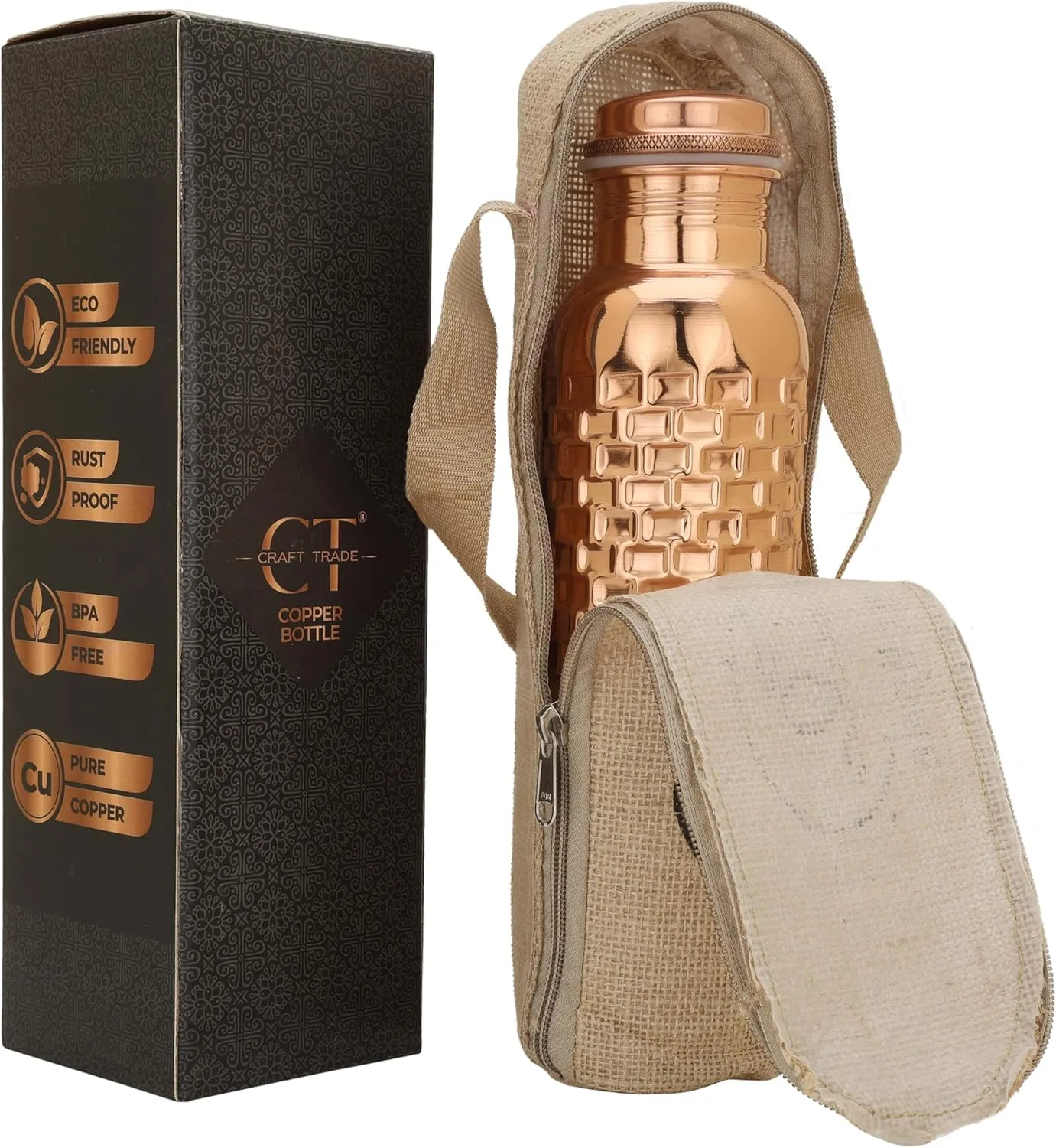 Craft Trade Set of 2 Diamond Pure Copper Bottle with Lid and Carry Bag for Drinking Water BPA Free Leak Proof Boosts Immunity & Liver Health, Ayurveda Inspired 34oz - 1 Litre Natural