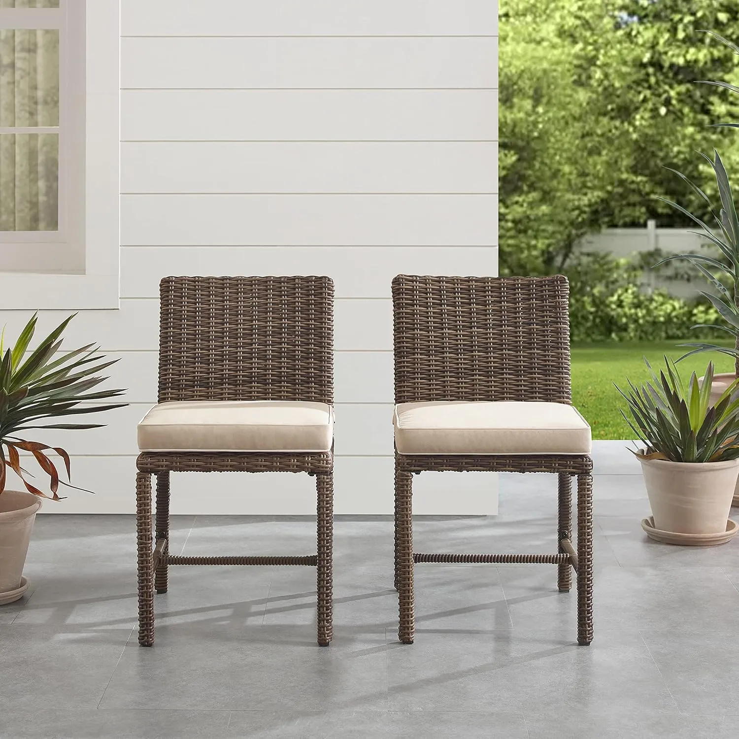 Crosley Furniture Bradenton 2-Piece Outdoor Chair Set, Wicker Dining Patio Chairs for Deck, Backyard, Weathered Brown with Sand Cushions