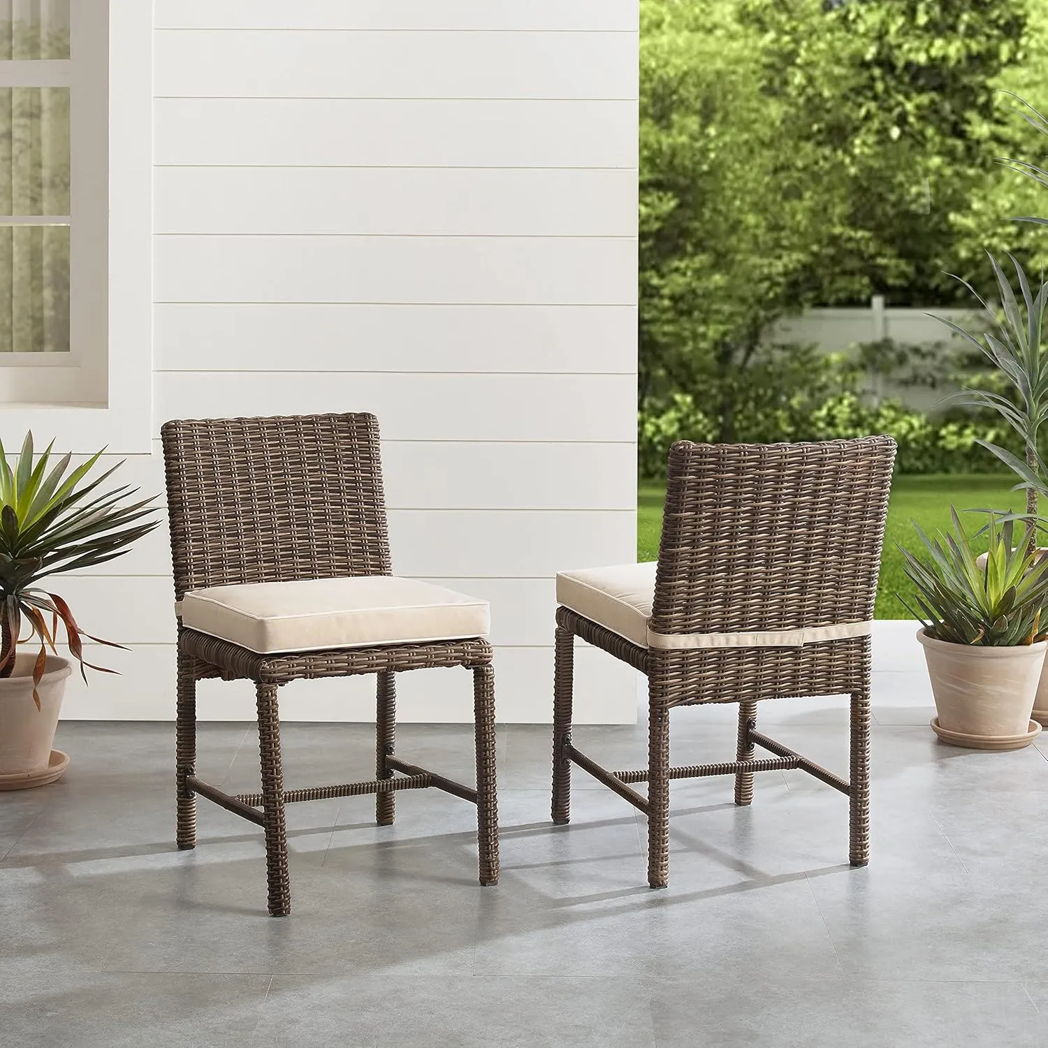 Crosley Furniture Bradenton 2-Piece Outdoor Chair Set, Wicker Dining Patio Chairs for Deck, Backyard, Weathered Brown with Sand Cushions