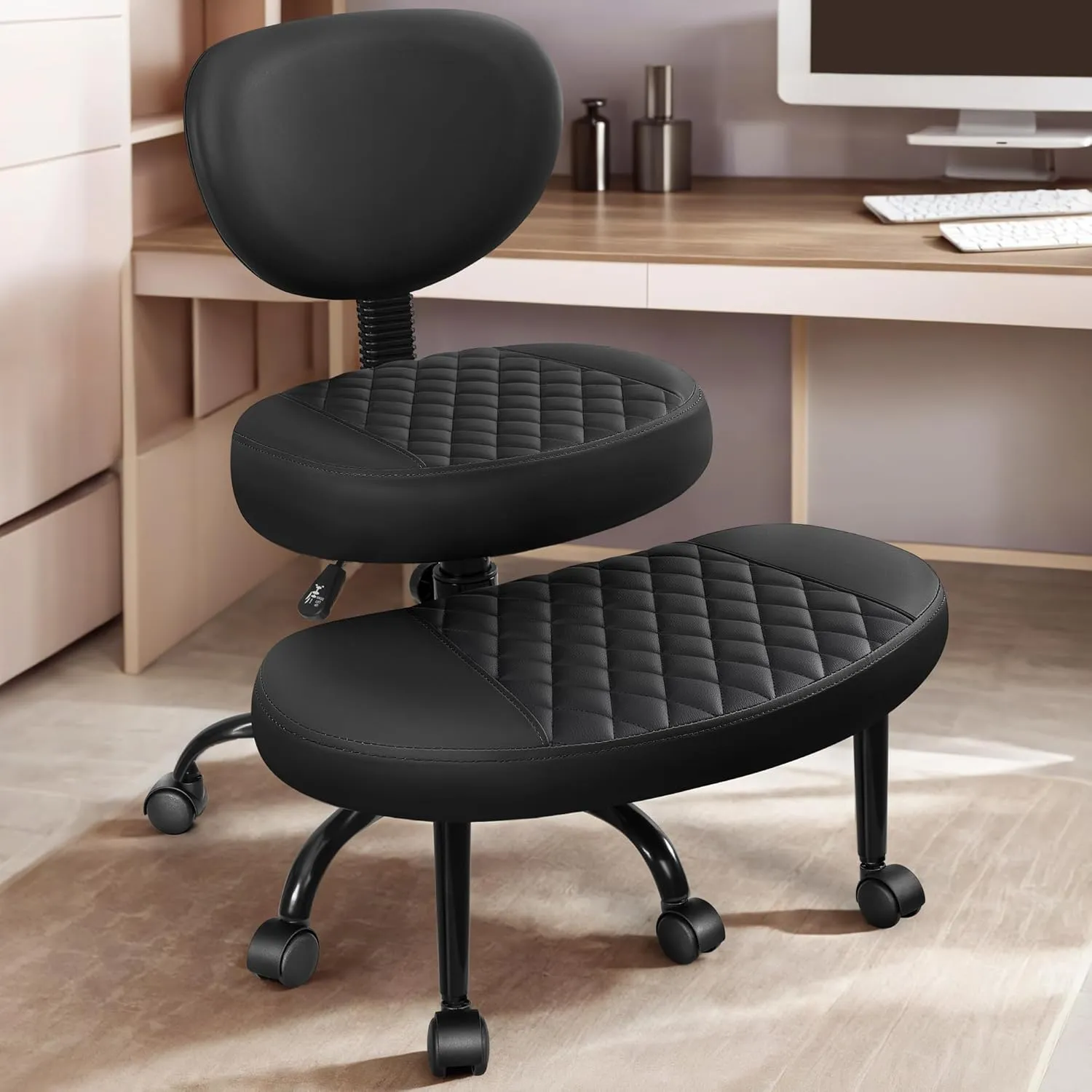 Cross Legged Office Meditation Chair with Wheels - Adjustable Height Yoga Kneeling Chair with Lumbar Support - Black