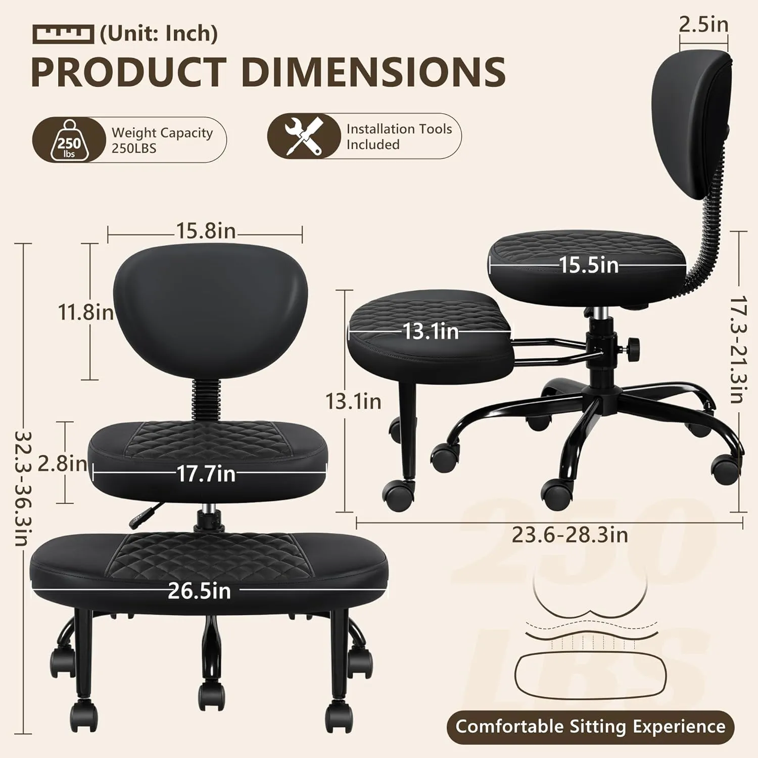 Cross Legged Office Meditation Chair with Wheels - Adjustable Height Yoga Kneeling Chair with Lumbar Support - Black
