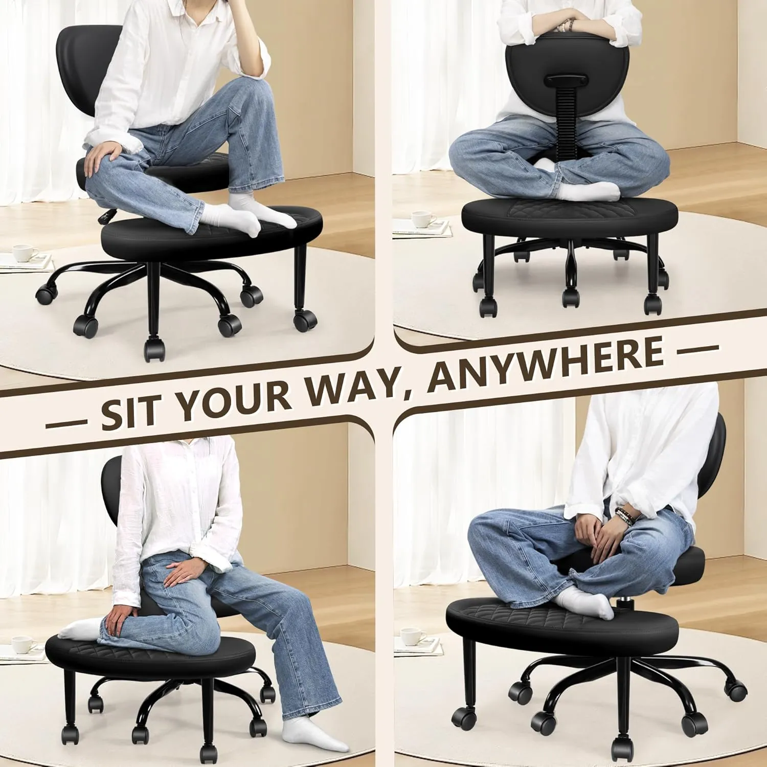 Cross Legged Office Meditation Chair with Wheels - Adjustable Height Yoga Kneeling Chair with Lumbar Support - Black