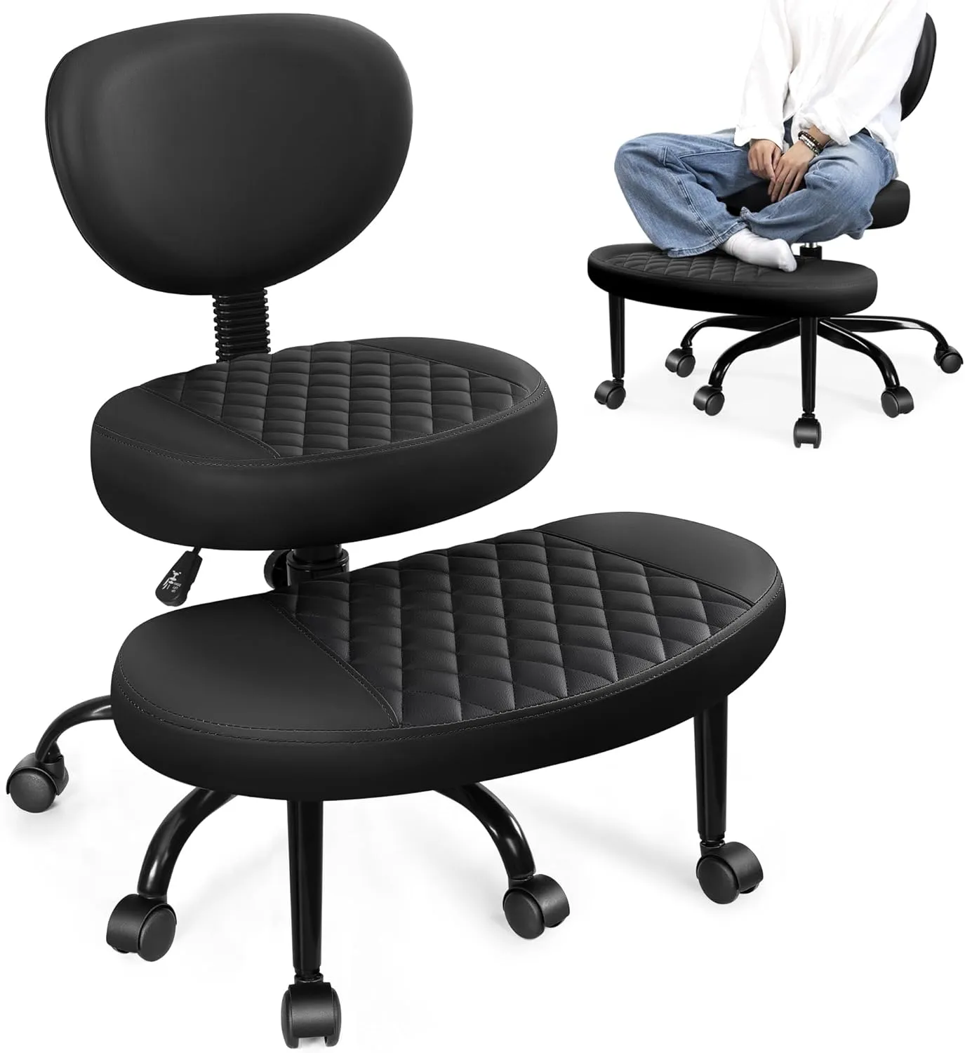 Cross Legged Office Meditation Chair with Wheels - Adjustable Height Yoga Kneeling Chair with Lumbar Support - Black