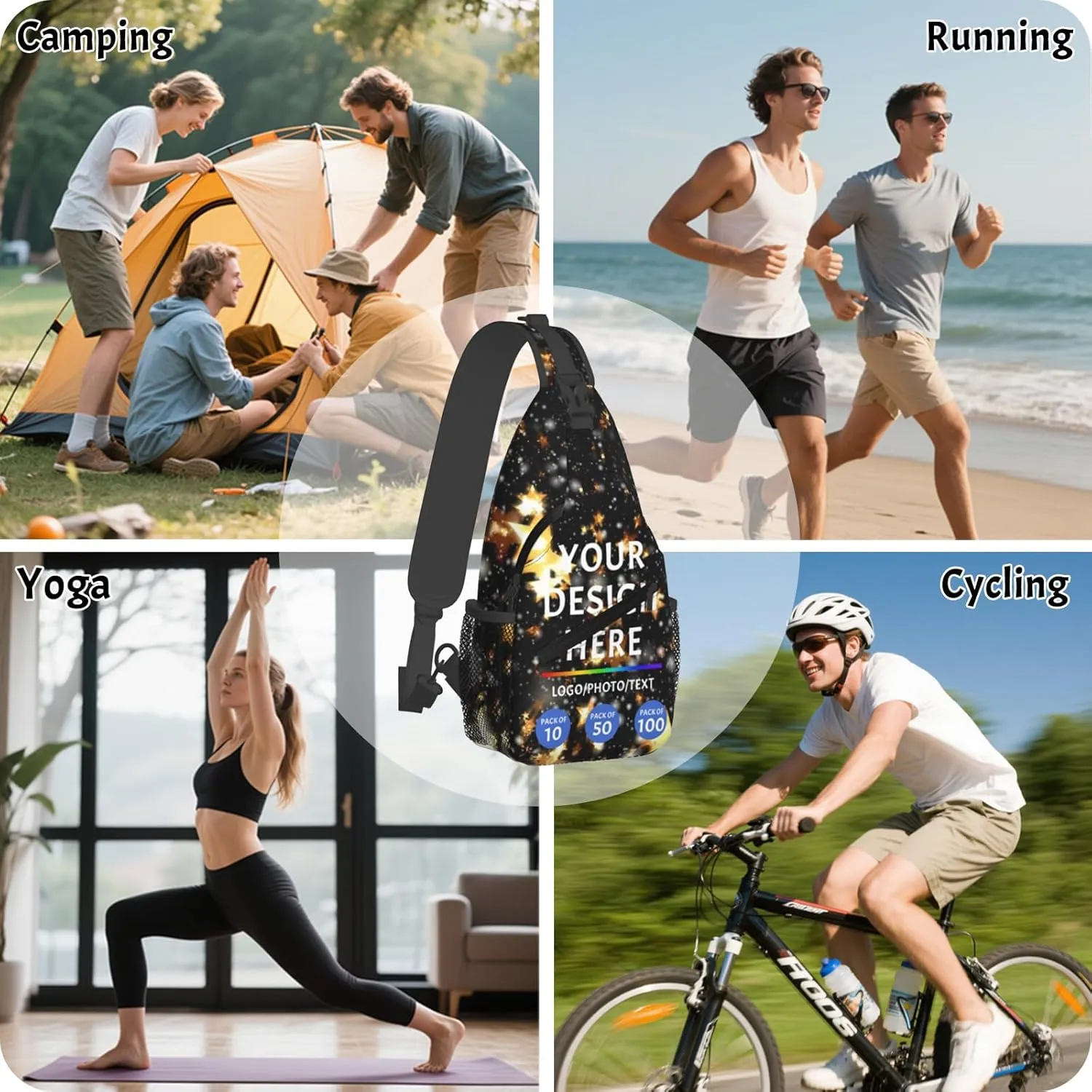 Crossbody Bag For Men Women Personalized Chest Bag With Logo Text Image Customized Sling Backpack For Leisure Sports Travel Gold