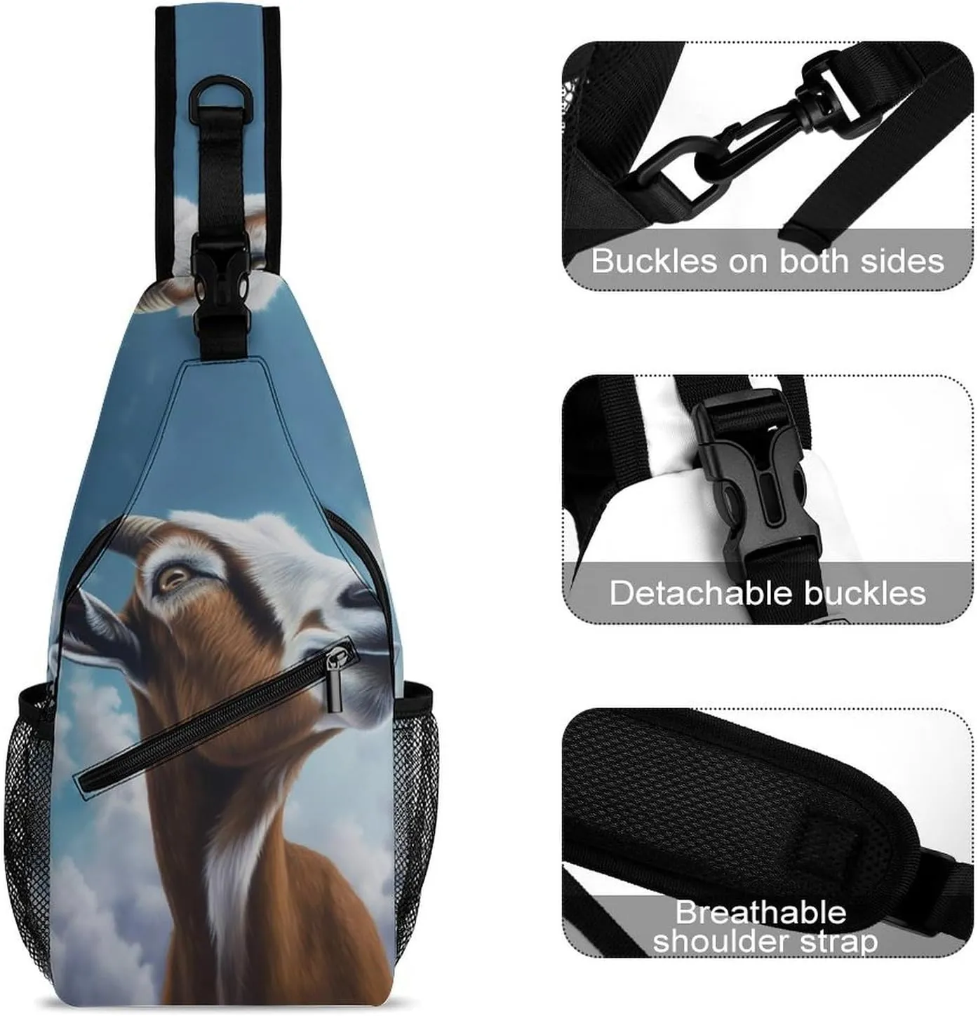 Crossbody Bag Travel Sling Bag for Men Small Sling Backpack Blue Goat Print Chest Bag Shoulder Bag for Outdoor, 38x20cm