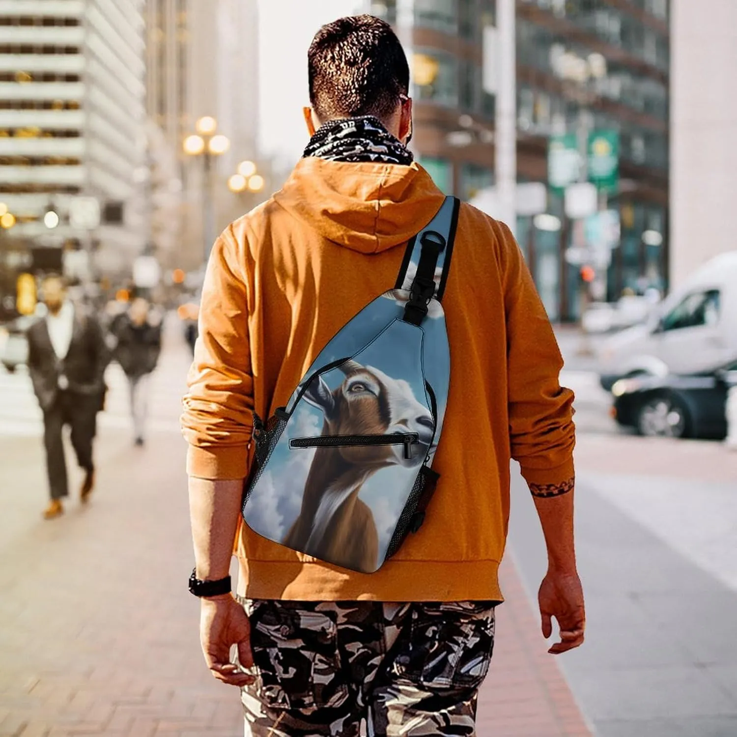 Crossbody Bag Travel Sling Bag for Men Small Sling Backpack Blue Goat Print Chest Bag Shoulder Bag for Outdoor, 38x20cm