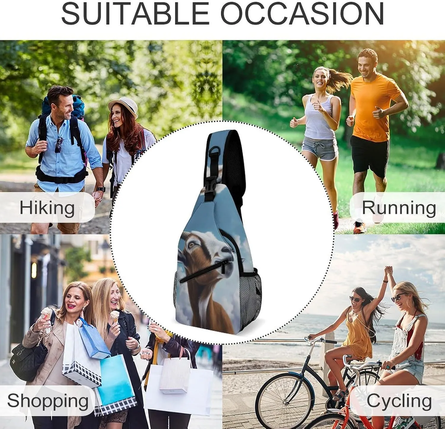 Crossbody Bag Travel Sling Bag for Men Small Sling Backpack Blue Goat Print Chest Bag Shoulder Bag for Outdoor, 38x20cm