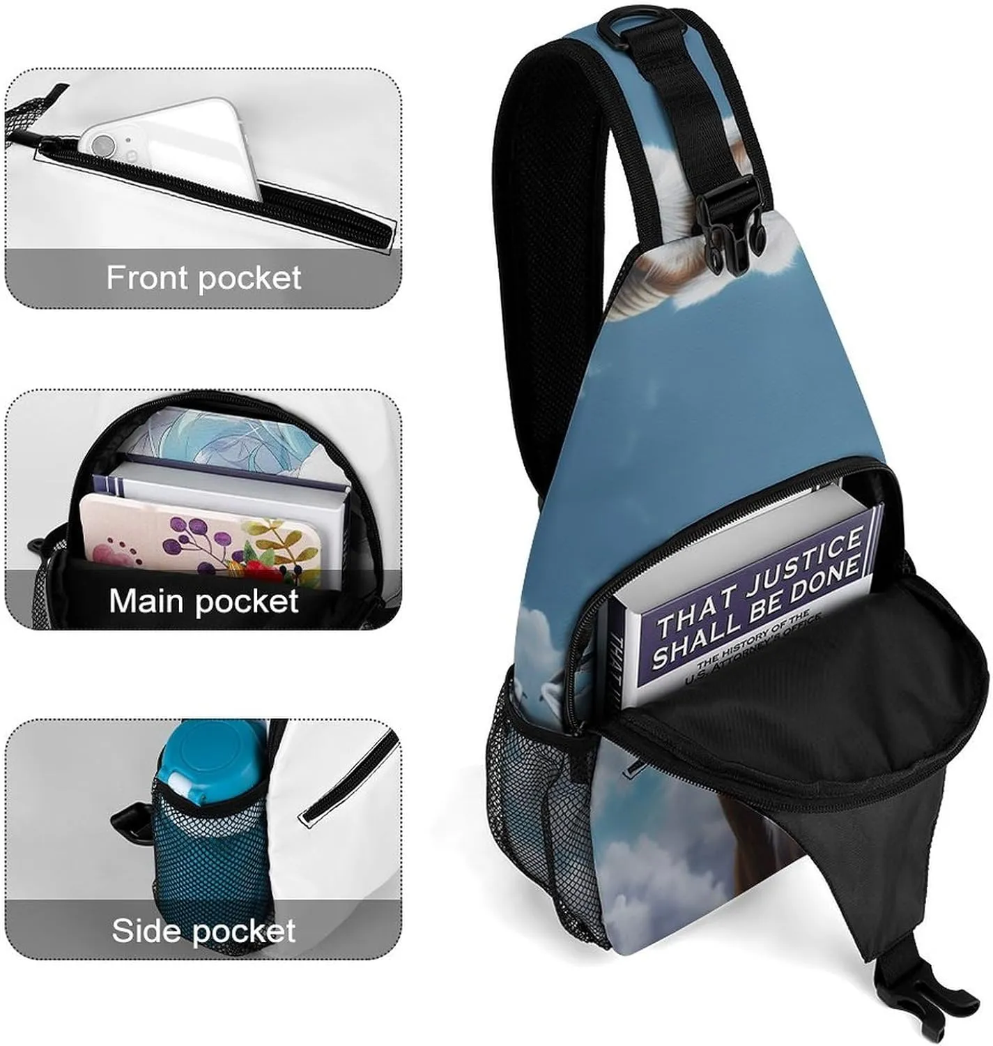 Crossbody Bag Travel Sling Bag for Men Small Sling Backpack Blue Goat Print Chest Bag Shoulder Bag for Outdoor, 38x20cm