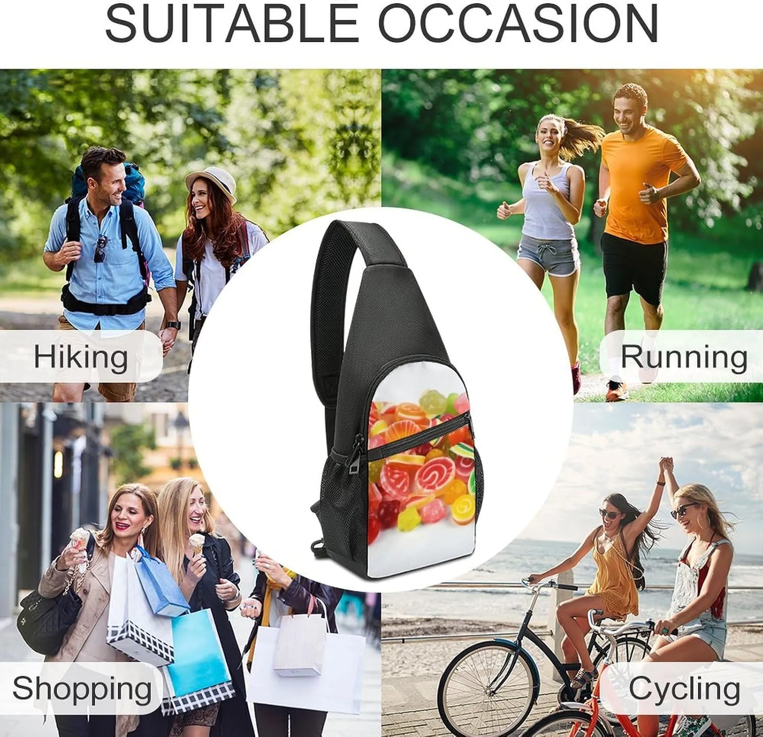 Crossbody Bag Travel Sling Bag for Men Small Sling Backpack Fruit Candies Chest Bag Shoulder Bag for Outdoor