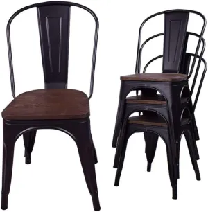 CSpring Industrial Modern Type, Metal Dining Chairs, Set of 4 Indoor/Outdoor Stackable Bistro Cafe Chairs with Wooden Seat, Black Color