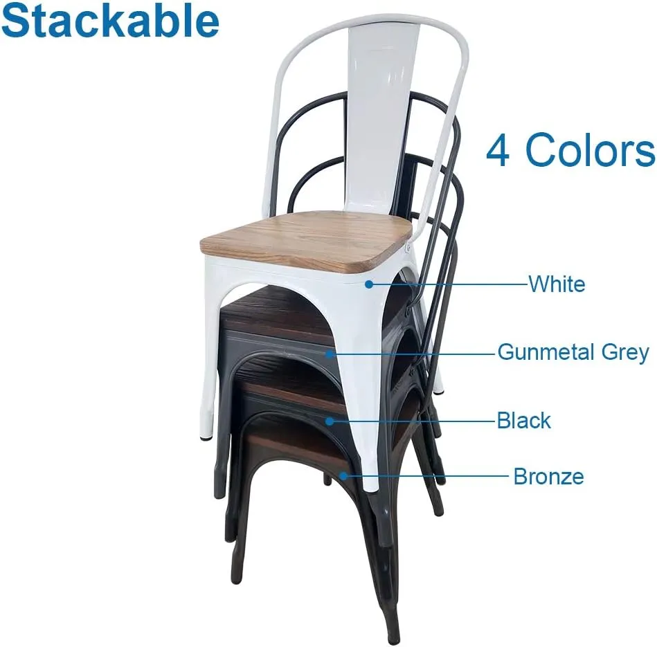 CSpring Wholesale Industrial Metal Dining Restaurant Chair, Garden Bistro Indoor/Outdoor Chair with Back, White Color with Wooden seat Cover, Set of 4