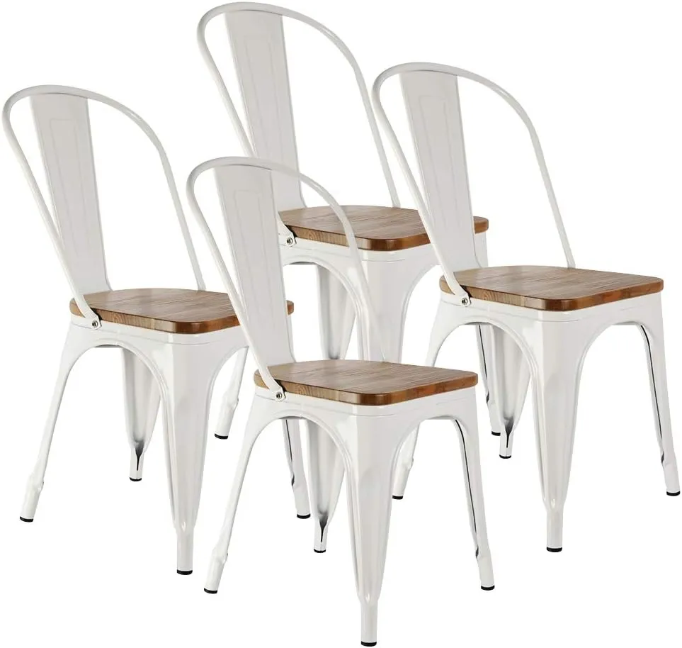 CSpring Wholesale Industrial Metal Dining Restaurant Chair, Garden Bistro Indoor/Outdoor Chair with Back, White Color with Wooden seat Cover, Set of 4