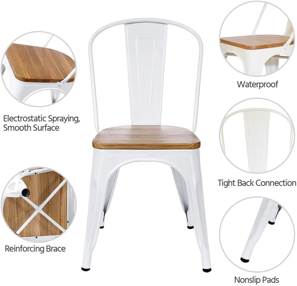 CSpring Wholesale Industrial Metal Dining Restaurant Chair, Garden Bistro Indoor/Outdoor Chair with Back, White Color with Wooden seat Cover, Set of 4