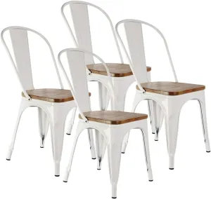 CSpring Wholesale Industrial Metal Dining Restaurant Chair, Garden Bistro Indoor/Outdoor Chair with Back, White Color with Wooden seat Cover, Set of 4