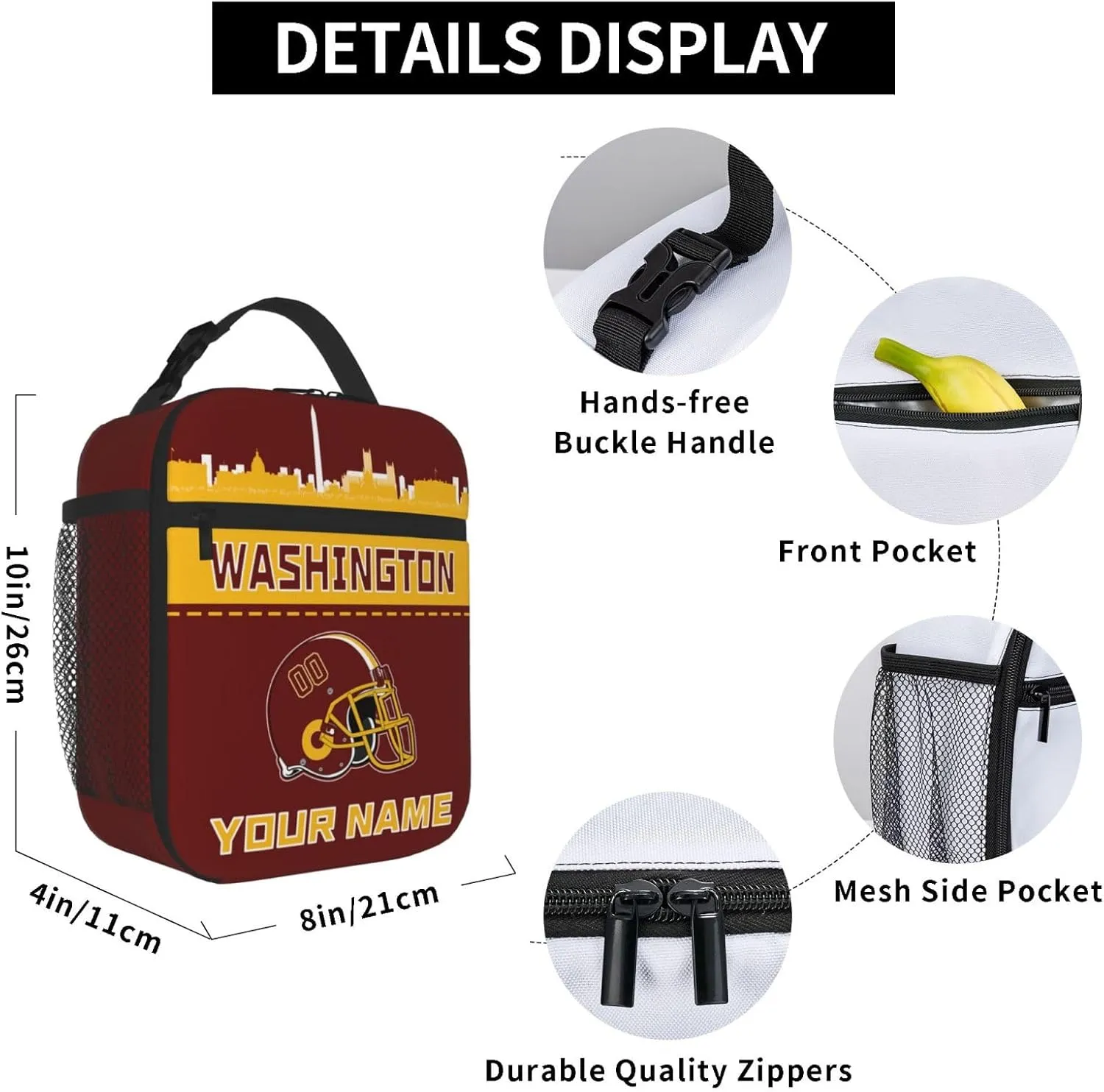 Custom Washington Lunch Bag Box Personalized Fan Gift Football Lunch Box with Name Number Customized Insulated Lunch Tote Bag