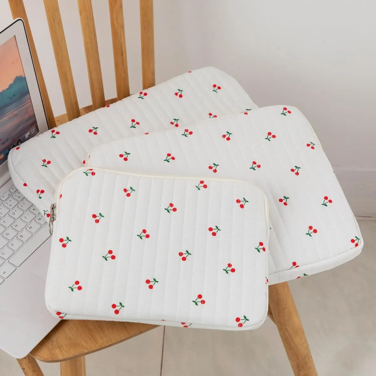 Cute Cherry Puffy Quilted Laptop Sleeve Y2K Preppy Carrying Tablet Case Cove Kawaii Tablet Liner Pouch Coquette Stuff (Heart,15 inch)