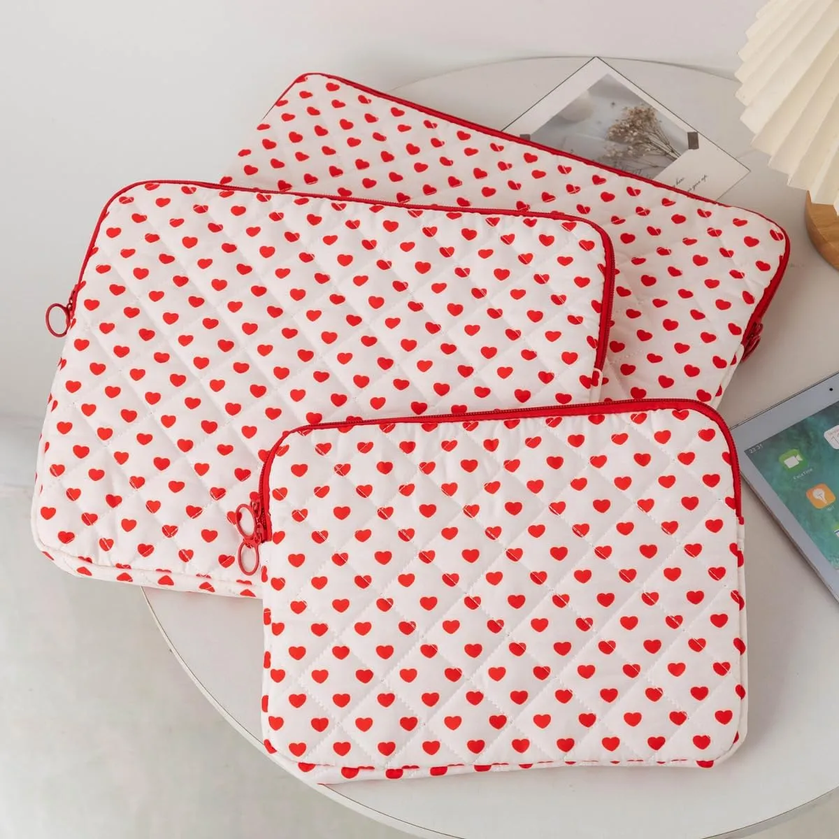 Cute Cherry Puffy Quilted Laptop Sleeve Y2K Preppy Carrying Tablet Case Cove Kawaii Tablet Liner Pouch Coquette Stuff (Heart,15 inch)