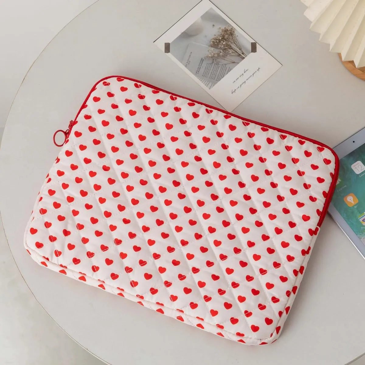 Cute Cherry Puffy Quilted Laptop Sleeve Y2K Preppy Carrying Tablet Case Cove Kawaii Tablet Liner Pouch Coquette Stuff (Heart,15 inch)