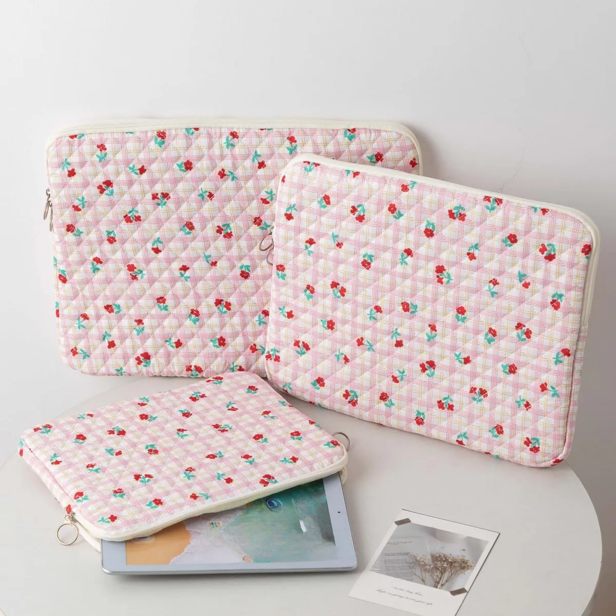Cute Cherry Puffy Quilted Laptop Sleeve Y2K Preppy Carrying Tablet Case Cove Kawaii Tablet Liner Pouch Coquette Stuff (Heart,15 inch)