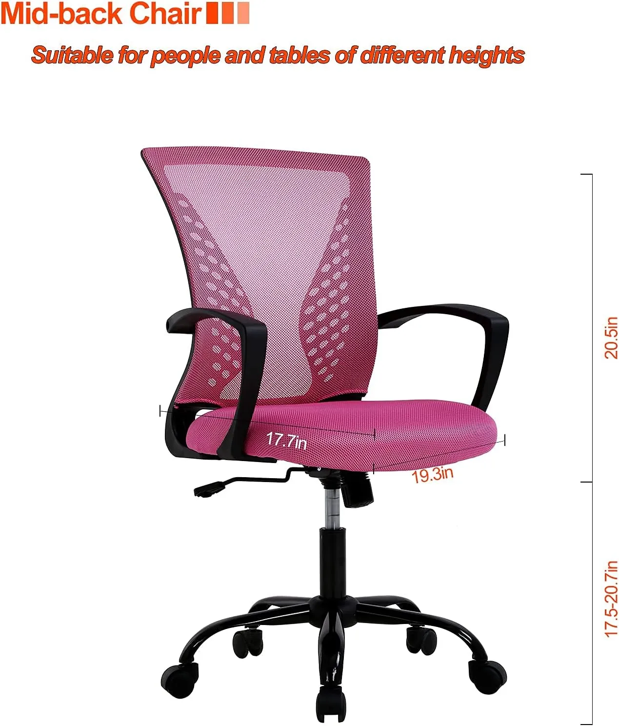 Cute Desk Chair Conference RoomChairs Home Office Mesh Computer with Lumbar Support Armrest Mid Back Rolling Swivel Adjustable Task Pink for 19.3x17.7x41.1Inches MC-GF411-Pink