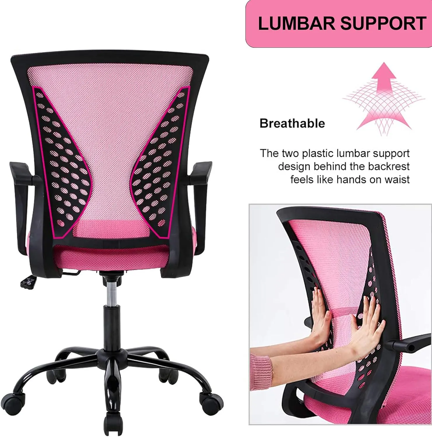 Cute Desk Chair Conference RoomChairs Home Office Mesh Computer with Lumbar Support Armrest Mid Back Rolling Swivel Adjustable Task Pink for 19.3x17.7x41.1Inches MC-GF411-Pink