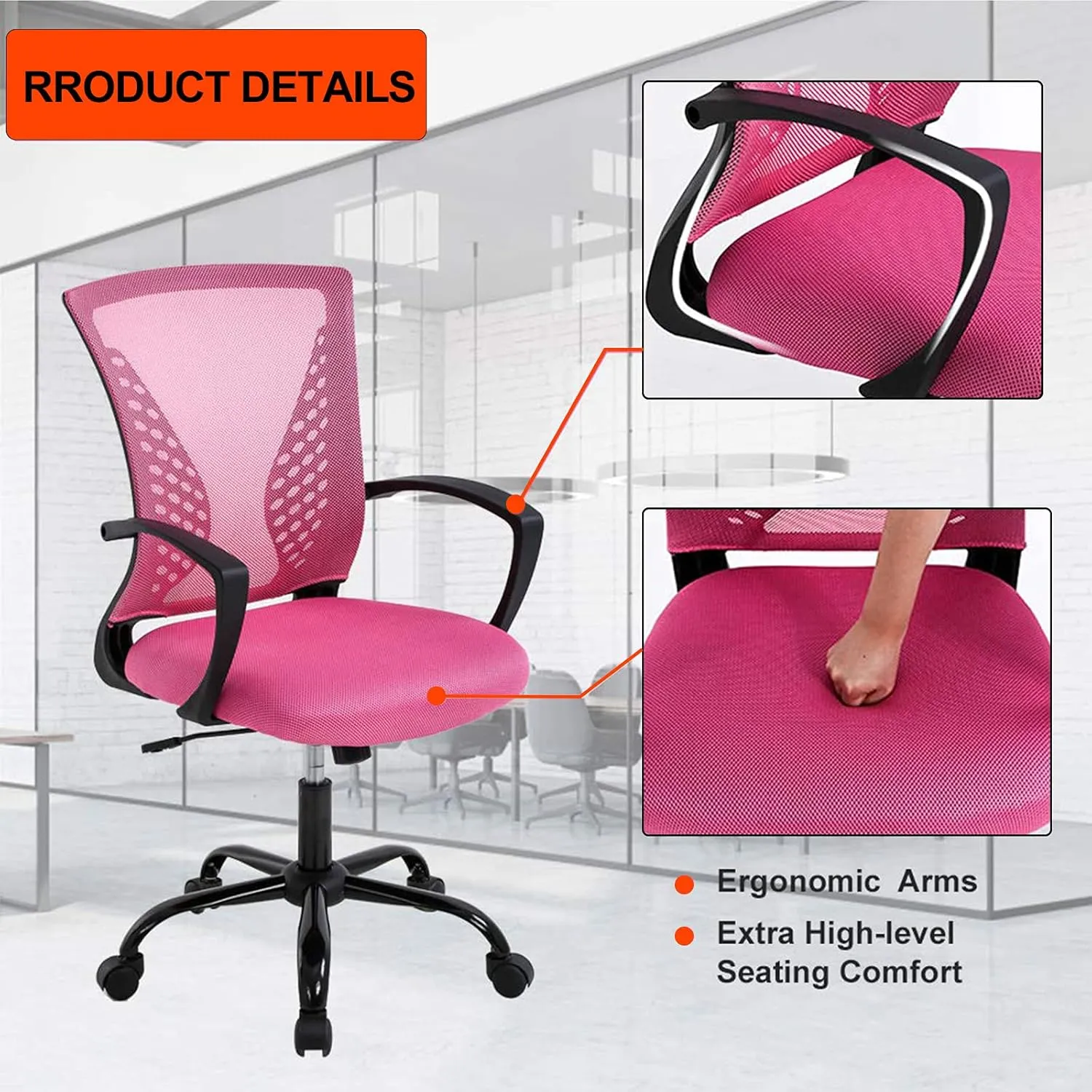 Cute Desk Chair Conference RoomChairs Home Office Mesh Computer with Lumbar Support Armrest Mid Back Rolling Swivel Adjustable Task Pink for 19.3x17.7x41.1Inches MC-GF411-Pink