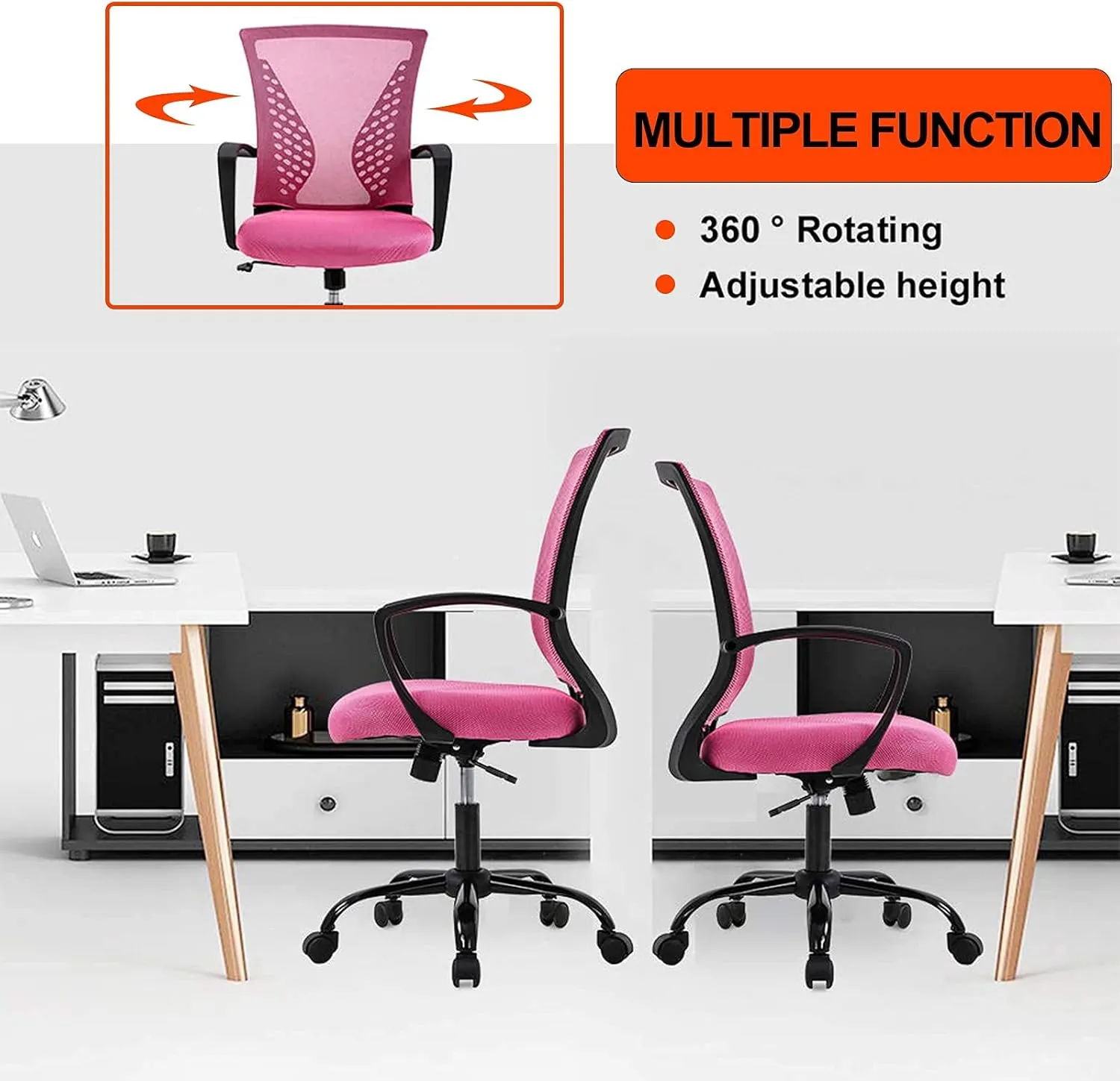 Cute Desk Chair Conference RoomChairs Home Office Mesh Computer with Lumbar Support Armrest Mid Back Rolling Swivel Adjustable Task Pink for 19.3x17.7x41.1Inches MC-GF411-Pink