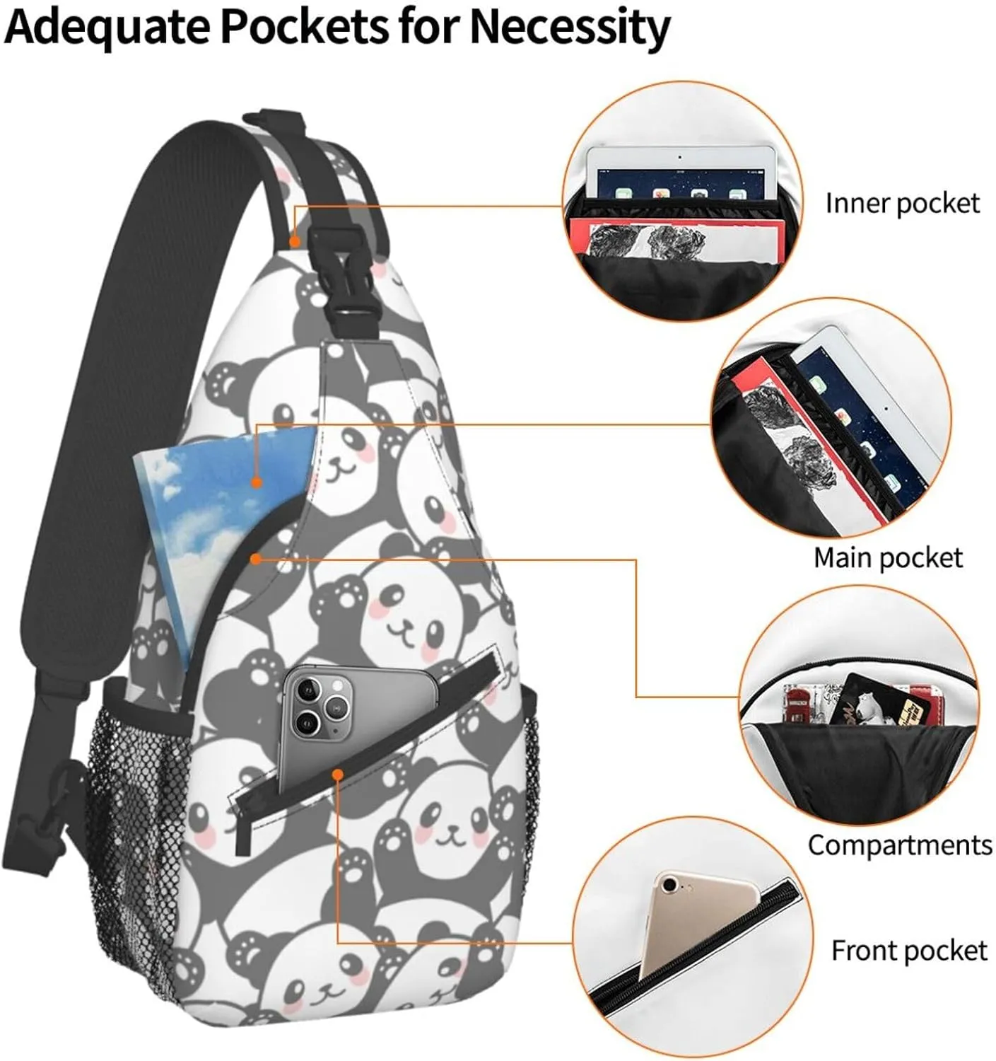 cute panda print Small Sling Bag for Men Women Crossbody Backpack Hiking Travel Daypack Chest Shoulder Bag with Adjustable Strap