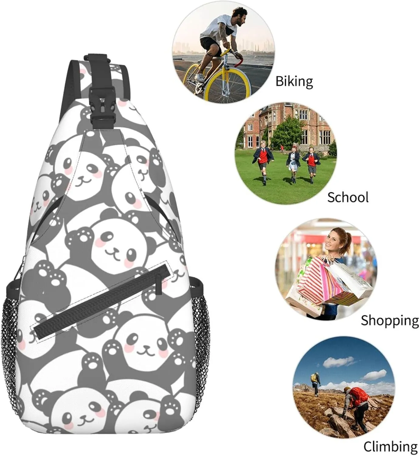 cute panda print Small Sling Bag for Men Women Crossbody Backpack Hiking Travel Daypack Chest Shoulder Bag with Adjustable Strap