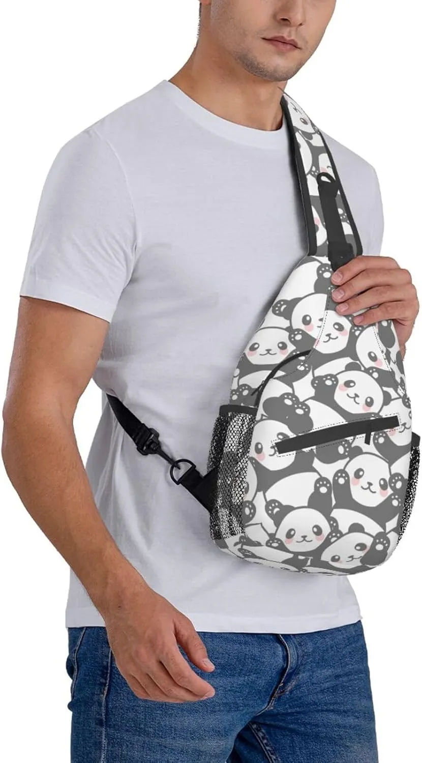 cute panda print Small Sling Bag for Men Women Crossbody Backpack Hiking Travel Daypack Chest Shoulder Bag with Adjustable Strap