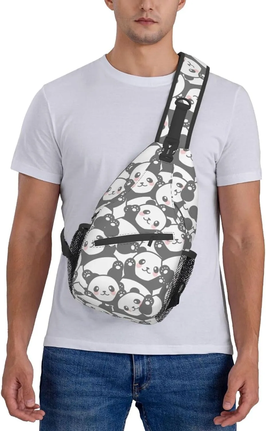 cute panda print Small Sling Bag for Men Women Crossbody Backpack Hiking Travel Daypack Chest Shoulder Bag with Adjustable Strap