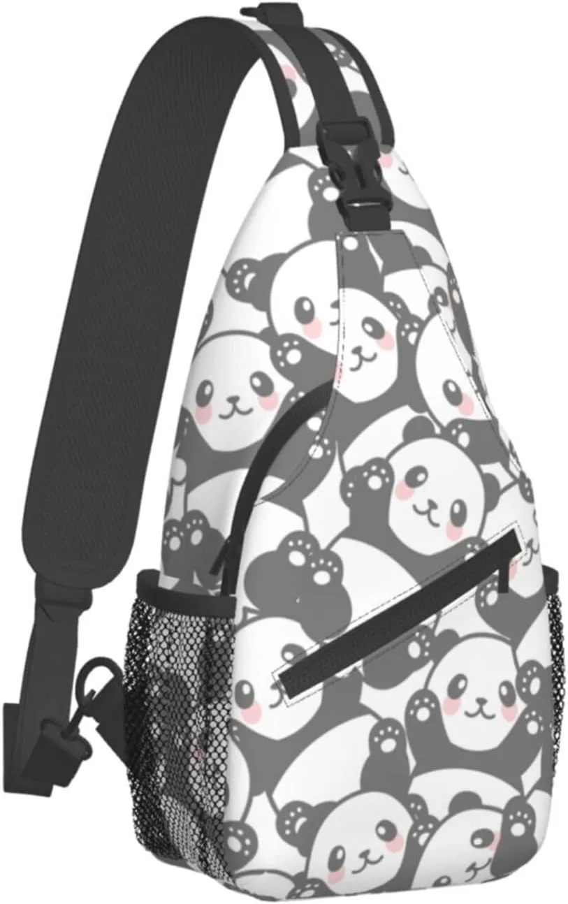 cute panda print Small Sling Bag for Men Women Crossbody Backpack Hiking Travel Daypack Chest Shoulder Bag with Adjustable Strap